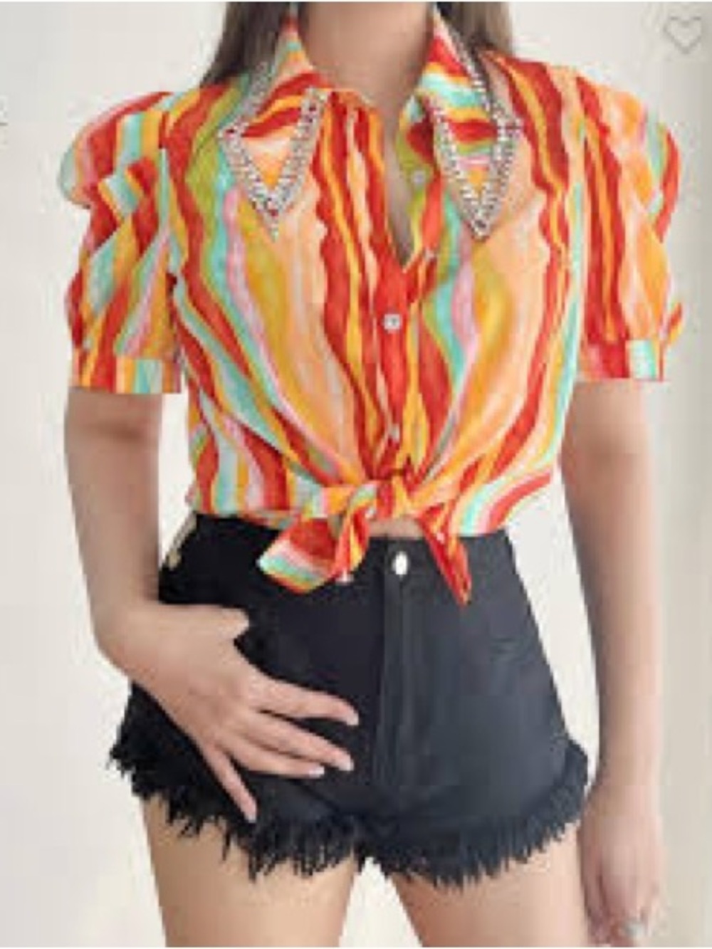 Multicolor Striped Tie-Front Short Sleeve Shirt